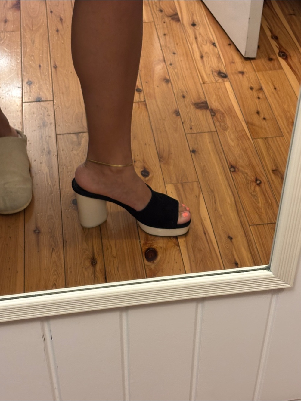 MERCEDES CASTILLO Black Suede Open-Toe Mules with Cream Block Heel